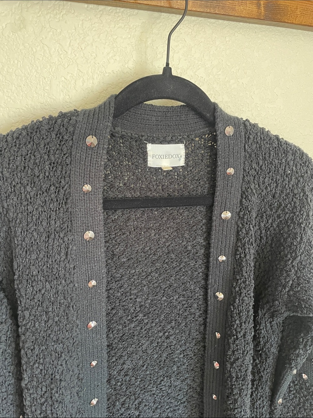 Foxiedox Black Studded Bouclé Open Cardigan Sweater M Goth Grunge Cozy Longline - Picture 5 of 10